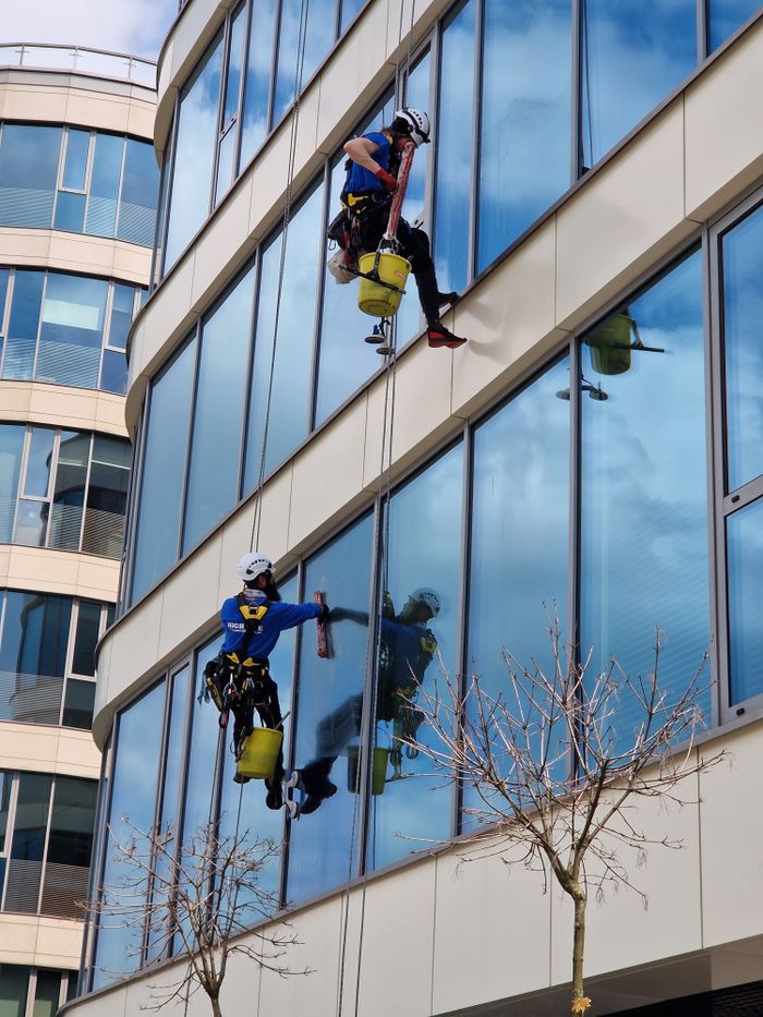project-03-b Two window cleaners using ropes on a modern skyscraper, showcasing urban professional maintenance.